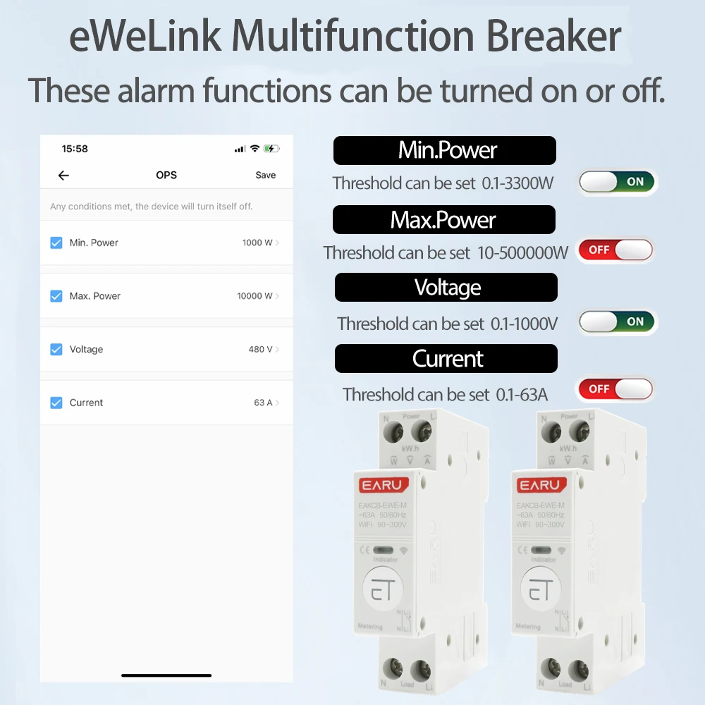 Tuya eWeLink WiFi Smart Circuit Breaker MCB 1P 63A Power Energy kWh Voltage Current Meter Protector Voice Remote Control Switch