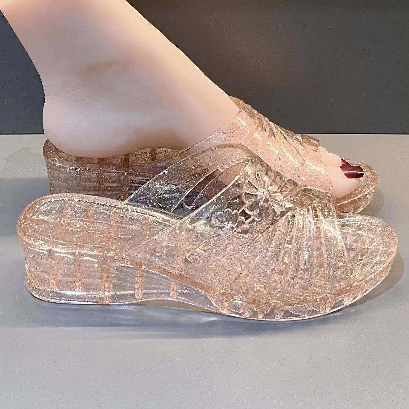 Women's Summer Wedged Heel Mules Shoes Woman Sparkling Glitter Sandal Open Toe Outdoor Clear Slipper Transparent Jelly Slippers