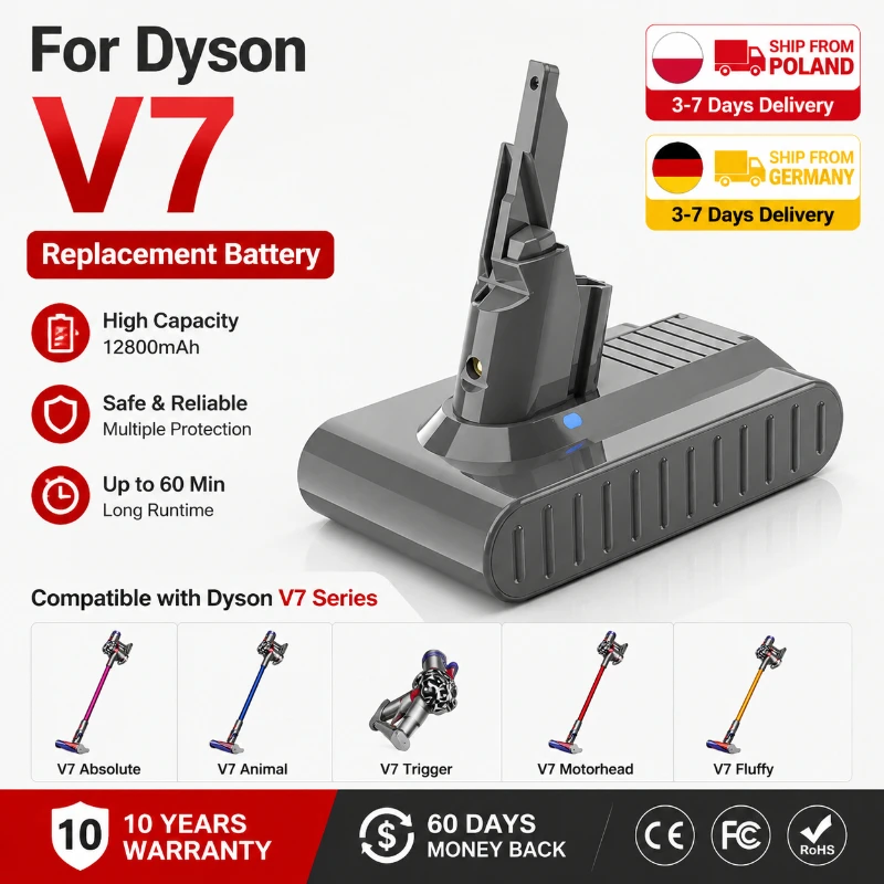 Image of Akku mit verlängerter Laufzeit für Dyson V6 V7 V8 V10 V11 kabellosen Staubsauger, 4800mAh 6000mAh 9800mAh 12800mAh wiederaufladbarer Li-Ionen-Ersatzakku, kompatibel mit SV03 SV10 SV11 SV12 SV14 SV15
