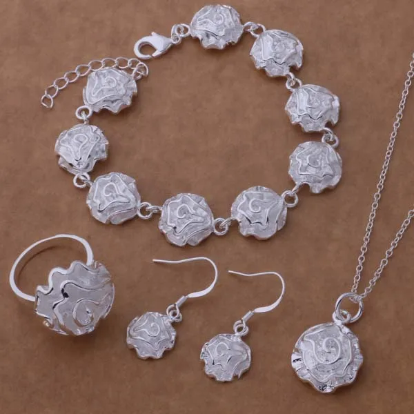

Hot new high quality silver color jewelry fashion simple women classic necklace earring bracelet ring Jewelry Set AT196