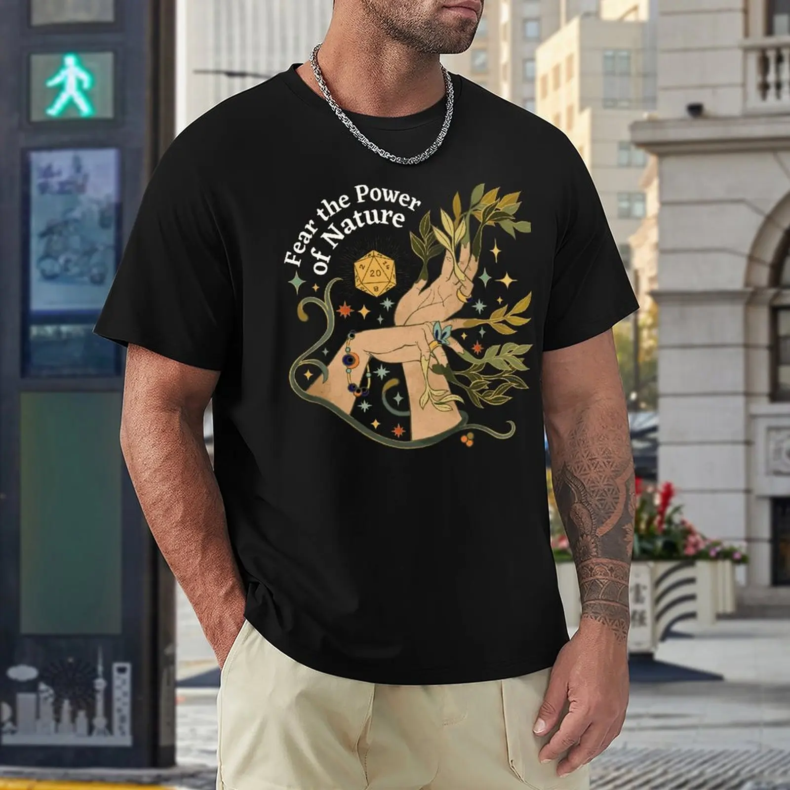 NATURE DRUID Dnd Dice Botanical Hands And Stars Crewneck T-shirt Sport Tshirt Vintage Graphic Home USA Size