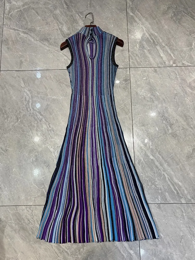 Vestido longo de malha de lã de alta qualidade, linha dourada, listras, bloco de cores, ajuste fino ao tornozelo, meia gola alta, camada de base, vestido feminino