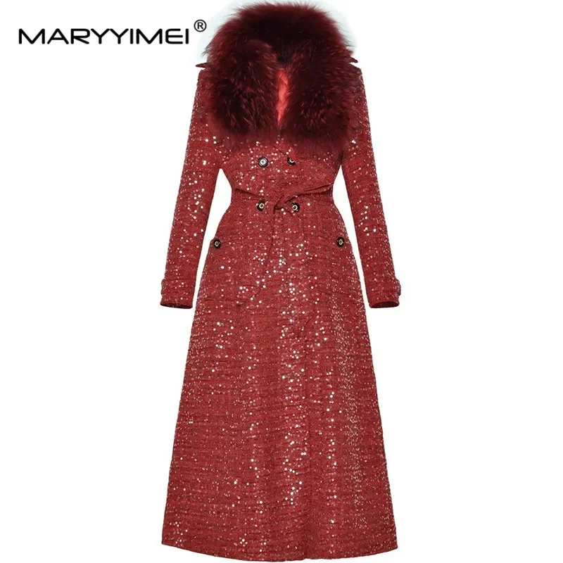 MARYYIMEI Fashion Autumn and Winter Women's Coat Fur Collar Long Sleeve Lace-Up Slim Double Breasted Sequins Design Overcoat