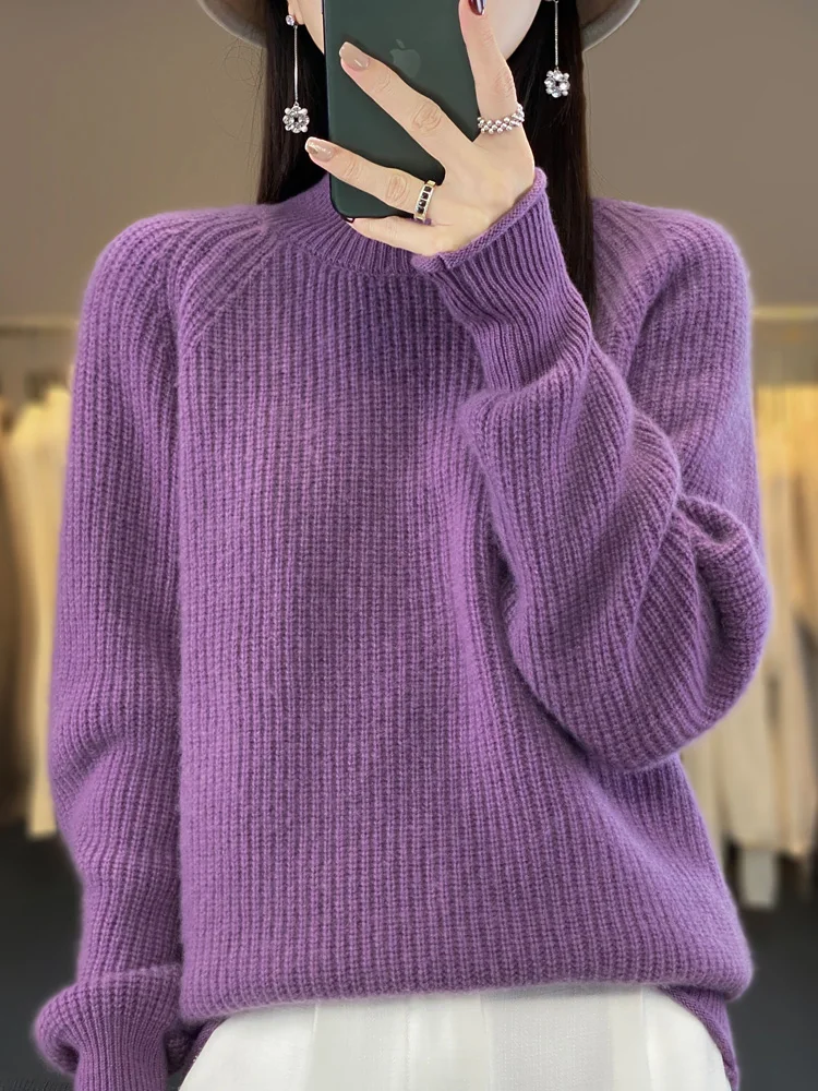 New Autumn Winter Women Sweater Thick Mock Neck 100% Merino Wool Pullover Solid Casual Cashmere Knitwear Korean Fashion Top