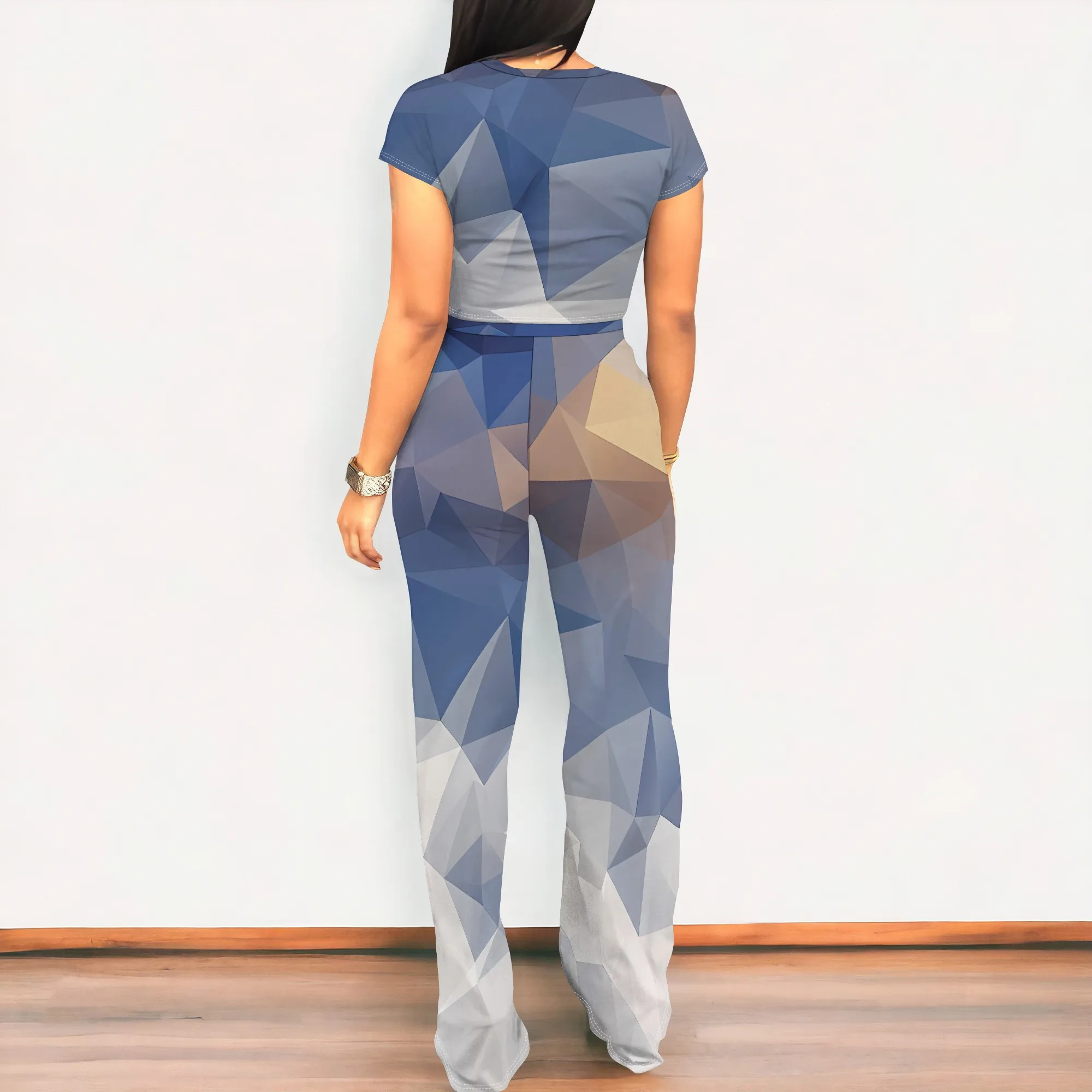 Nupusa 기하학 프린트 여성용 2 피스 세트 표준 사이즈 여름 캐주얼 크루 넥 반소매 의상