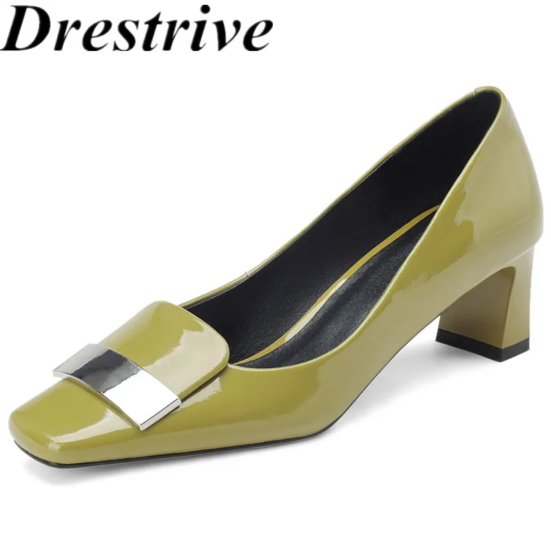 Drestrive New Arrival Women\'s Pumps Square Toe Thick Heels Cow Patent Leather 2024 Elegant Shoes Beauty Colors High Quality