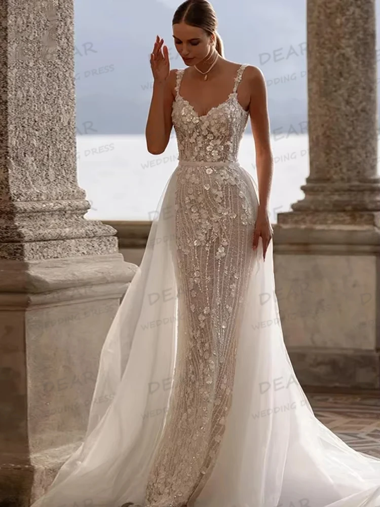 Charming Appliques Wedding Dresses Women's Mermaid Sexy Lace Bridal Gowns Tulle Sweep Train Vestidos De Novia Customized Party