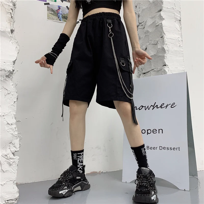 Summer Cargo Shorts for Women Solid Fashion Unisex Chain Design Hip-hop Cool Baggy Streetwear Casual Personality Sporty Students