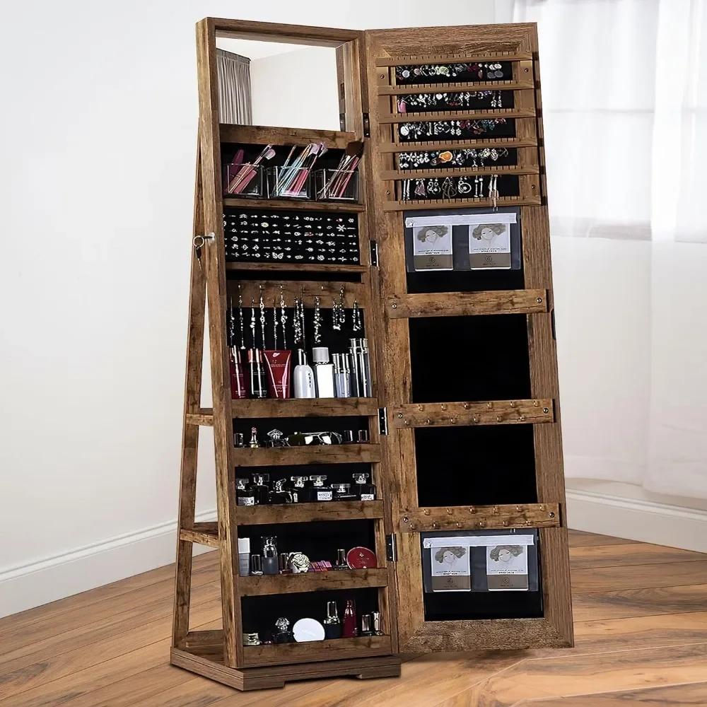 sogesfurniture Lockable Floor Standing Wooden Jewelry Armoire with Full Length Mirror 360°Rotatable Jewelry Organizer Cabinet