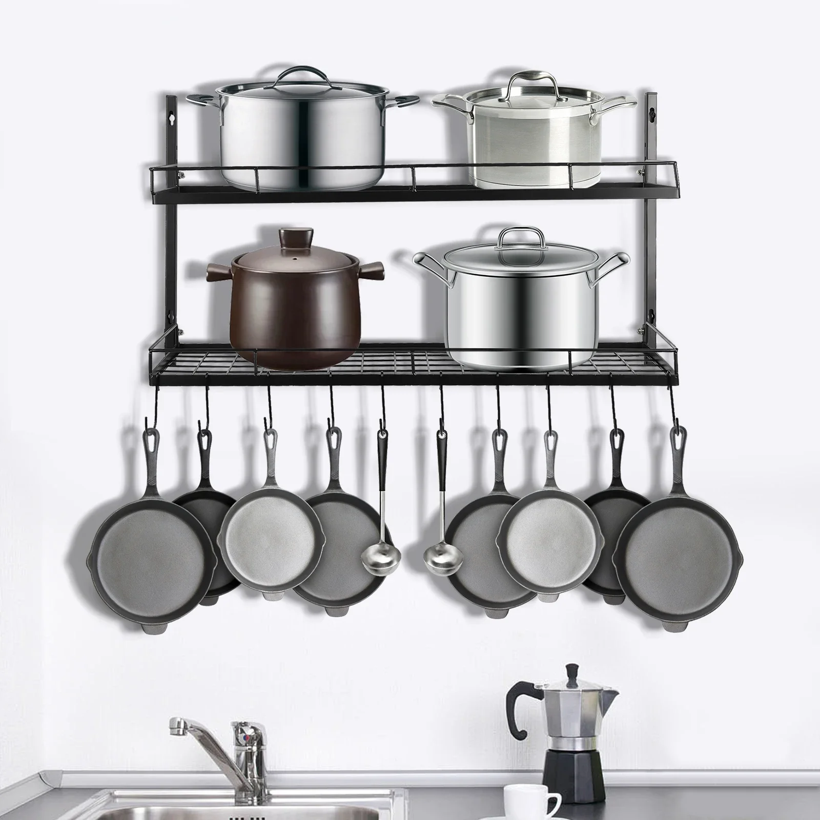 Hanging Pot Rack 2 Tier Pan Rack Wall Mounted Pot Holders for Kitchen Storage Pot and Pan Organizer with 10 Hooks