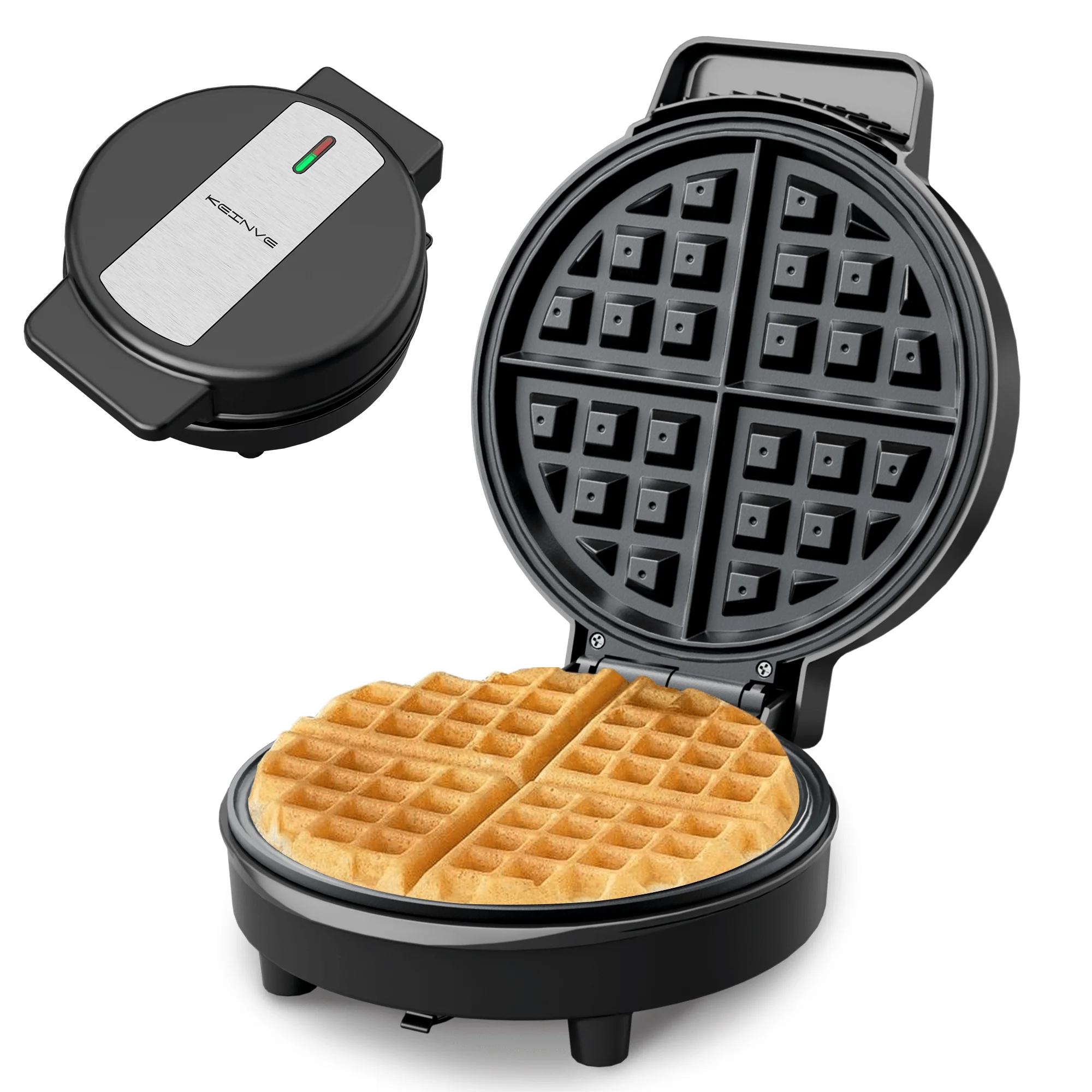 CACHOO Waffle Maker, 8'' 4-Slice, 1000W Powerful Fast Heating, Non-Stick Coating, Easy To Clean, Cool-Touch Handle, Indicator Lights, Perfect For Breakfast & Snacks,304 Stainless Steel