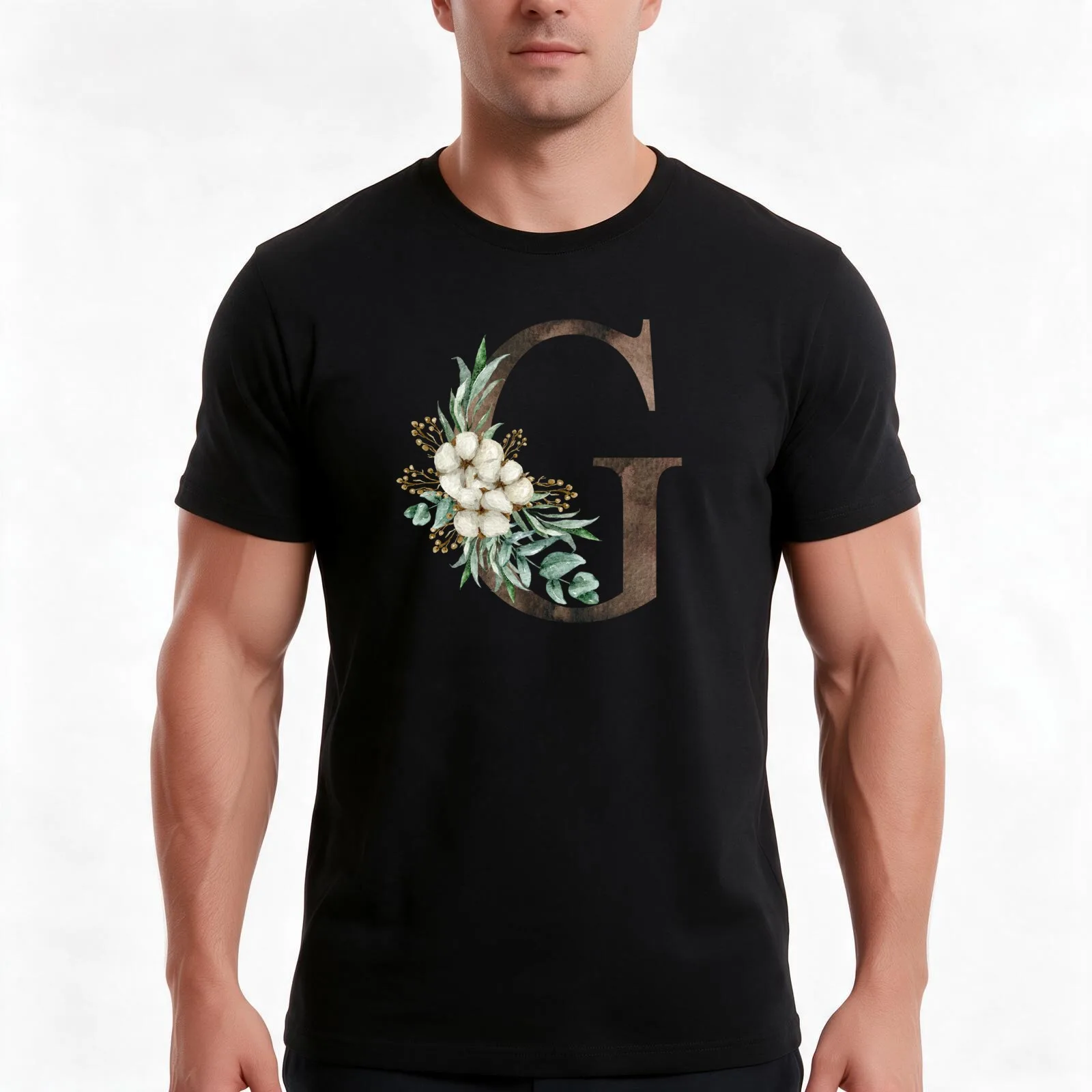 Watercolor floral G wedding monogram letter print T-Shirt, Summer Casual Cotton Tee, Oversized Streetwear Tops, Unisex Men Women