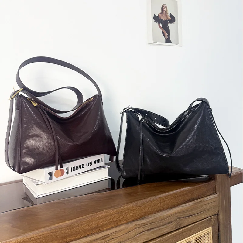 Bolso cruzado Vintage de gran capacidad de cuero curtido vegetal para mujer, bolsos grandes de hombro de lujo para ir al trabajo, diseño único, novedad de 2026
