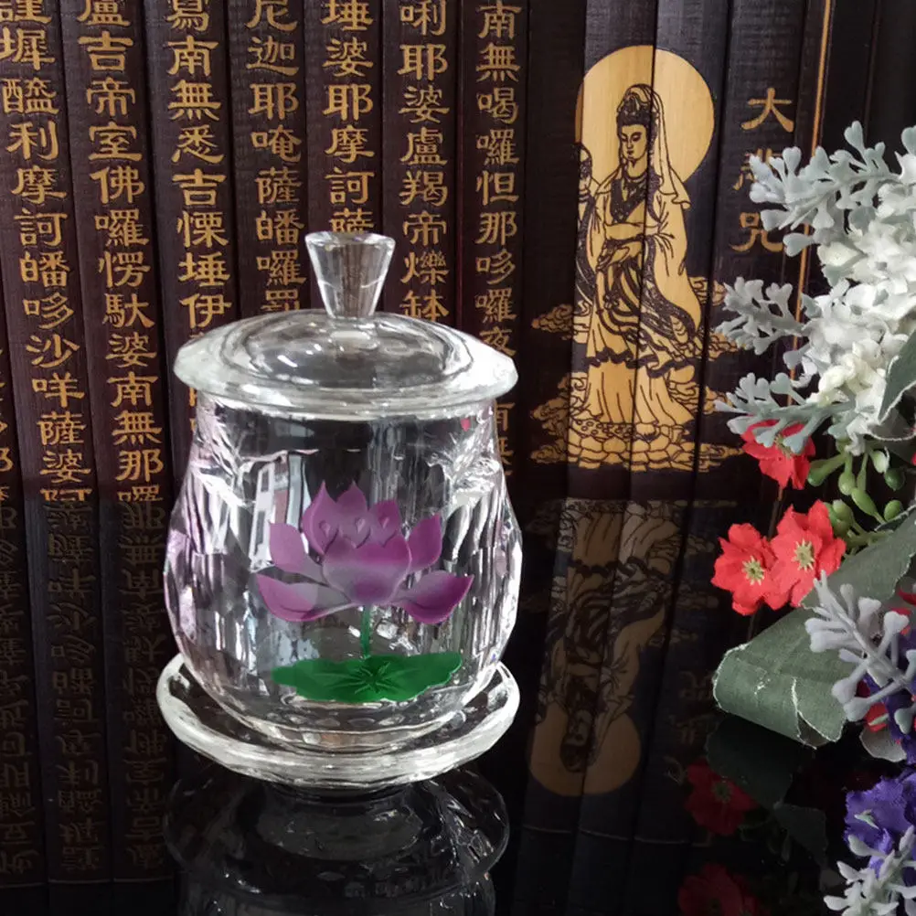 Compact Retro Style Buddhist Glass Offering Cup Lotus Motif Holy Water Container for Temple Decoration Worship and Collection