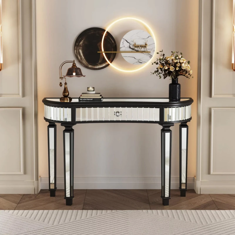 Half moon mirror porch table 47 inch groove glass crystal knob drawer silver porch dresser bedroom