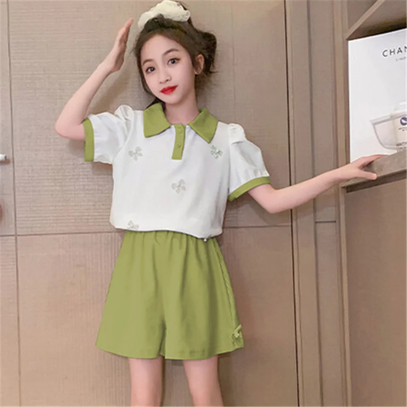 Kids Short Sleeve Set Polo Shirt + Shorts Girls Summer Trendy Costume Teenage Fashion Casual Tracksuits Children Clothing Set