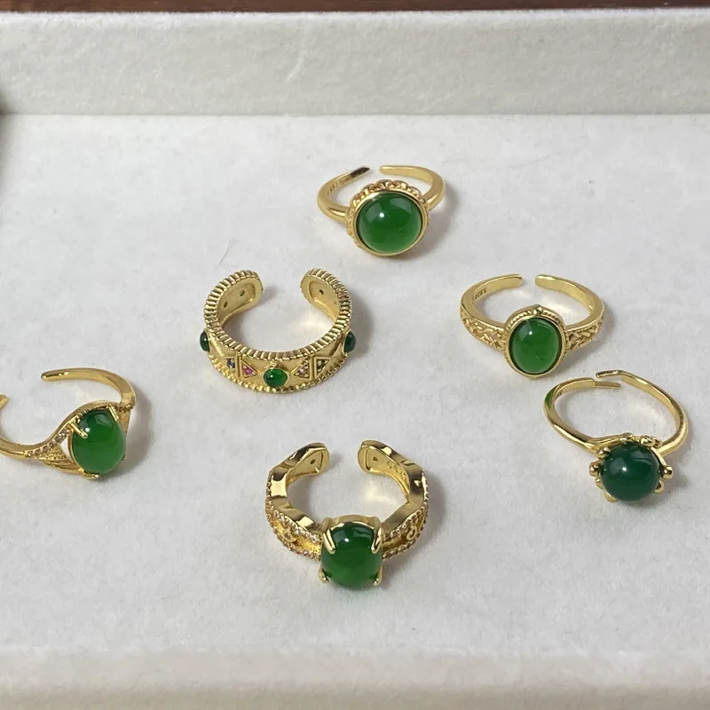 Foxanry Gold Color Green Jade Rings For Women Girls Vintage Trendy Ethnic Exquisite Personality Elegant Anniversary Jewelry Gift