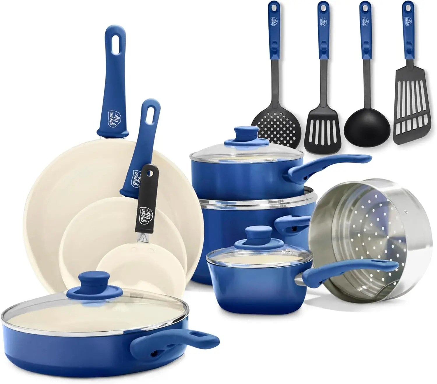 

Soft Grip 16 Piece Cookware Set, Non-Toxic PFAS-Free Ceramic Nonstick, Frying, Sauce, Saute, Utensils, Glass Lids