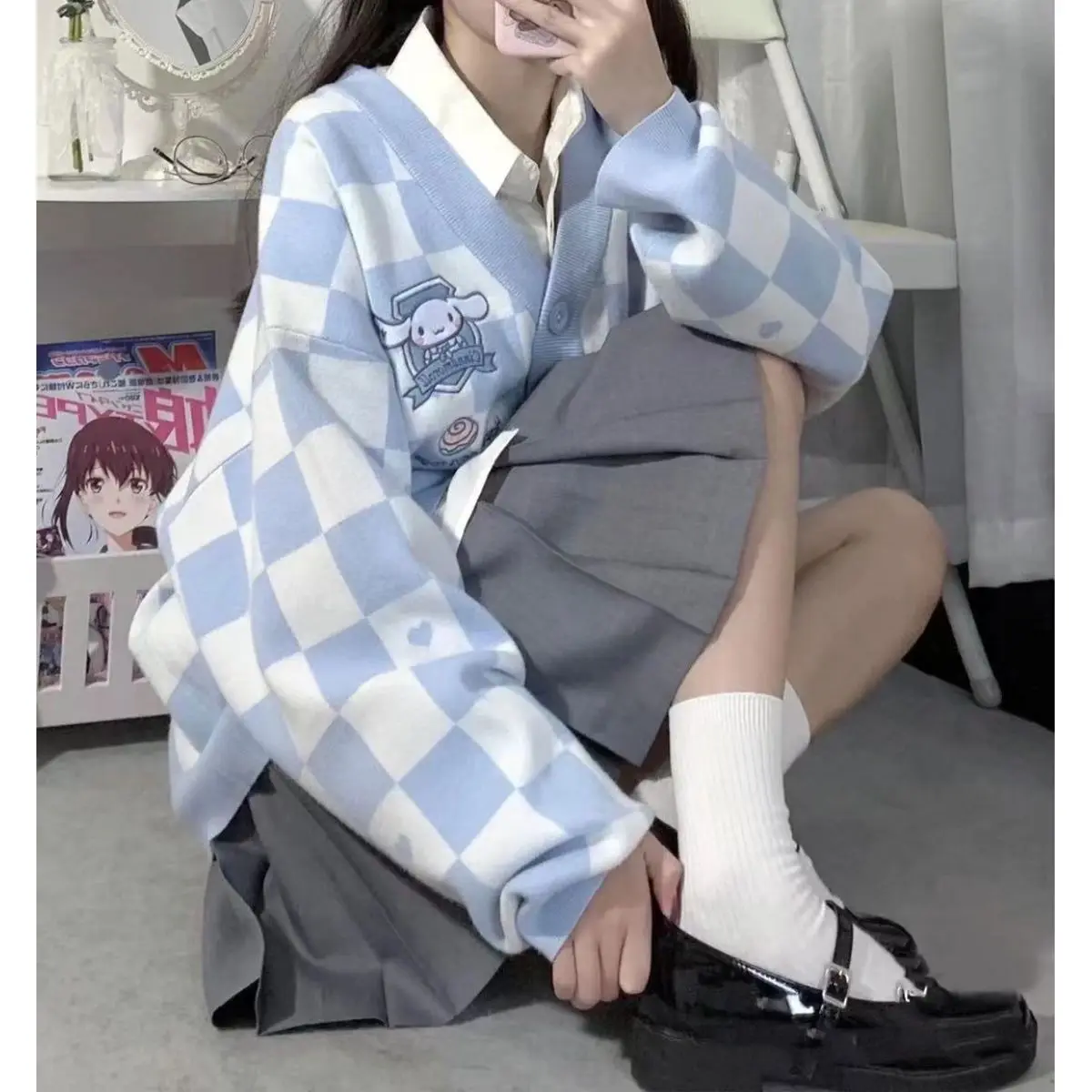 Sanrio kawaii Cinnamoroll cute jk uniform checkerboard sweater jacket cardigan women winter college style top loose blue sweater