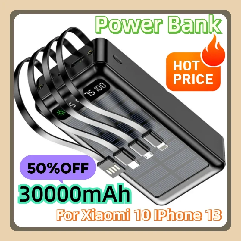 

For Samsung Huawei Poverbank Solar Power Bank 30000mAh For Xiaomi 10 IPhone 13 Built in Cable Portable External Battery Charger