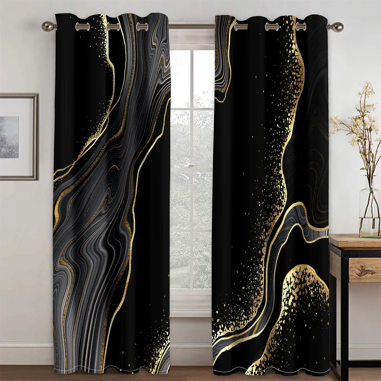 Black Gald Modern Marble Abstract Art Design Thin 2 Pieces Light Filtering Curtain for Living Room Bedroom Window Drape Decor