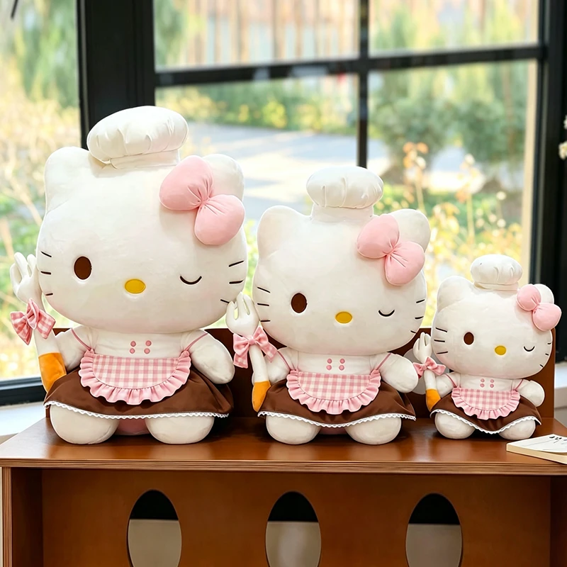 

New 40/75cm Sanrio Cute Hello Kitty Chef Plush Doll with Pink Bow, Soft Apron KT Cat Stuffed Animal, Kawaii Collectible Doll