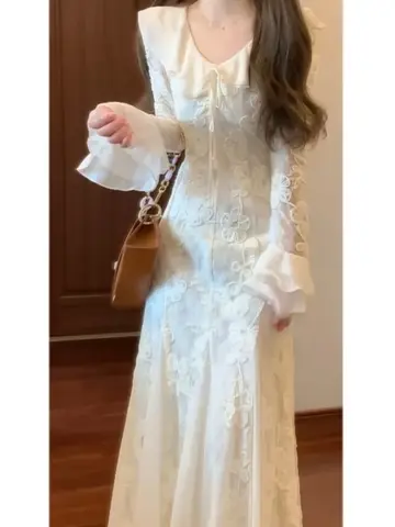 루즈핏 드레스 여성 여자 루즈핏 드레스 여성 여자 롱 슬리브 긴 소매 레이스 레이스 허리 조임 허리 조임 블루종 블루종 브이넥 V넥 드레스