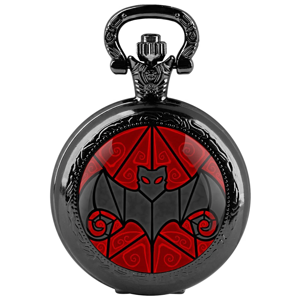 Orologio da tasca al quarzo nero con cupola in vetro a pipistrello con quadrante con numeri arabi e catena resistente, regalo retrò per uomini e donne