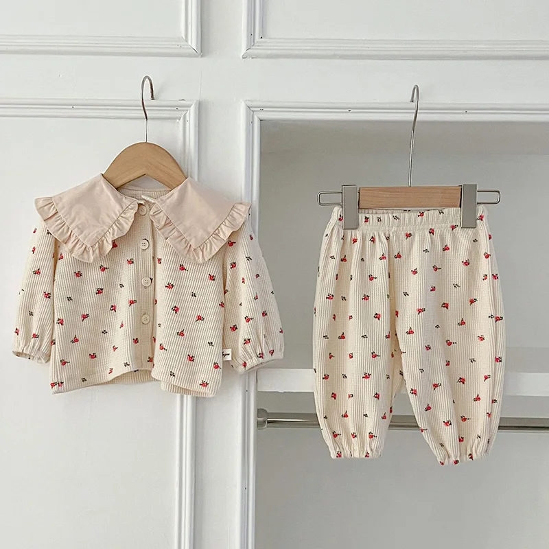 Ensemble de vêtements en coton gaufré pour bébés filles, cardigan et pantalon College, vêtements pour tout-petits, manches longues, nouveau,