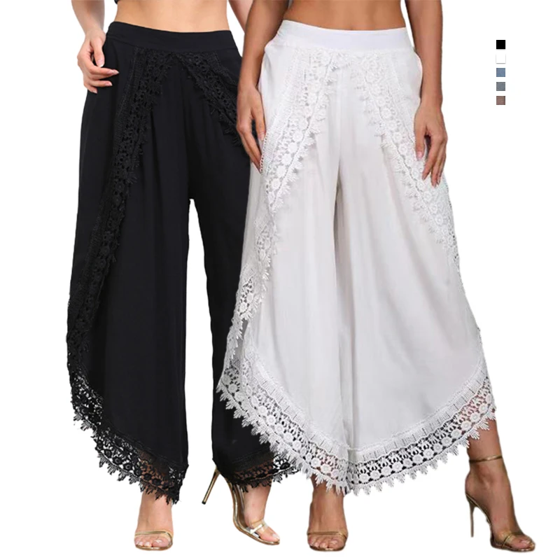 

Women Pants 2023 Casual Elastic Waist Pleated Vintage Lace Ladies Wide Leg Trousers Streetwear Femme Loose Pants