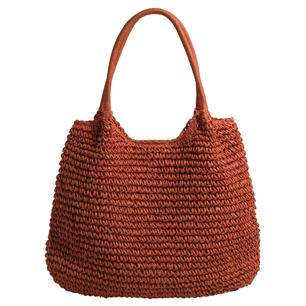 Women Straw Tote Handbag Large Capacity Retro Straw Handbag Solid Color Simple Weaving Handbag Ladies Summer Daily Bag