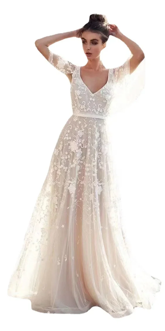 Deep V-neck Maxi Dress for Women Spring Summer Women Wedding Dresses Lace Backless Evening Dresses Elegance Formal Prom Gowns