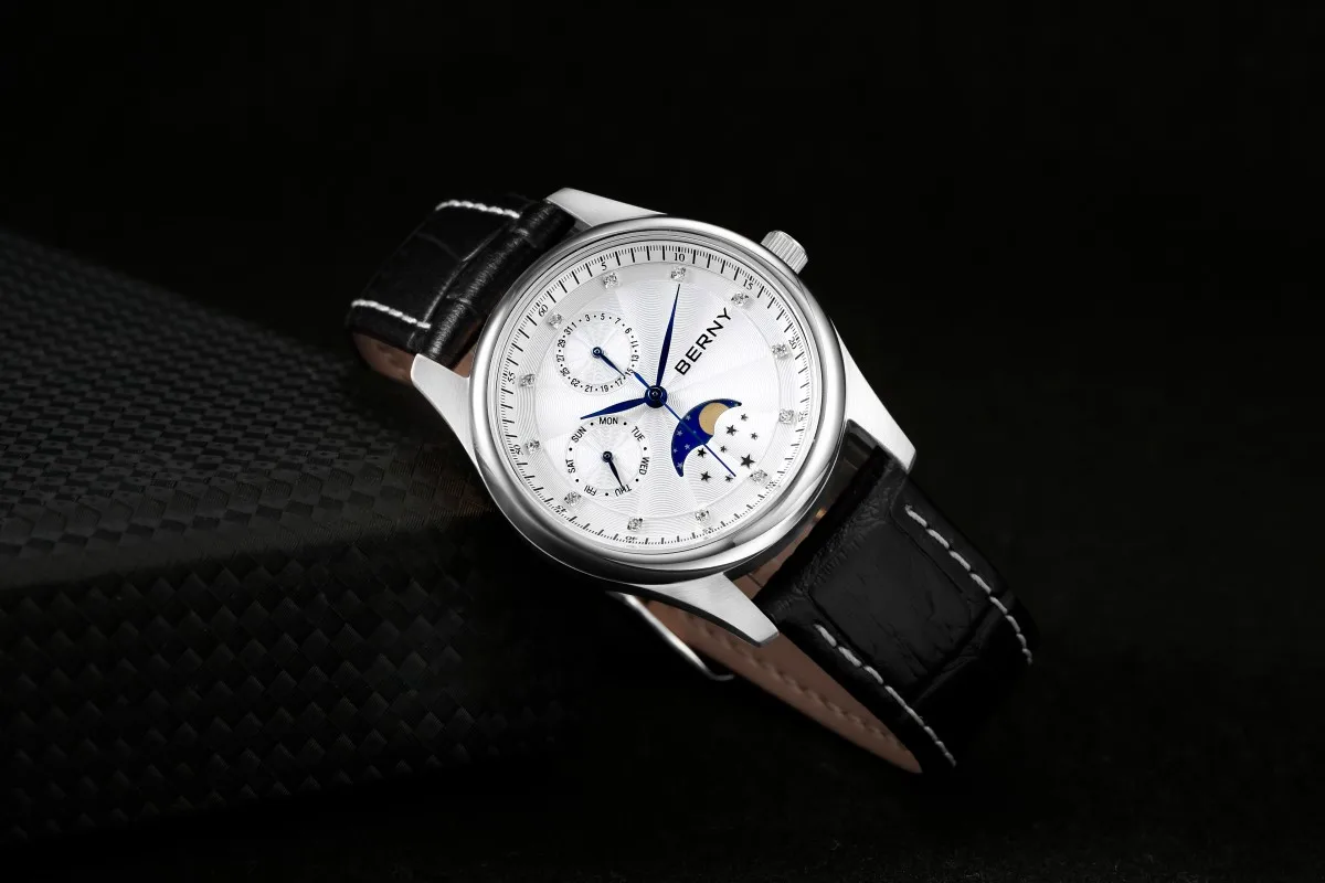BERNY Damenuhren, Kalender, Datum, Woche, echte Mondphase, Quarz, Damenuhr, Lederarmband, elegante, lässige Damen- und Mädchen-Armbanduhr – Detail 15