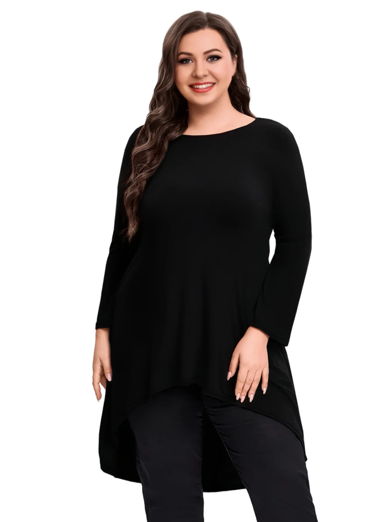 Womens Plus Size Long Sleeve Hi Low Tunic Tops Long Loose Fit Flare Basic Swing Blouse Tops Shirt For Leggings