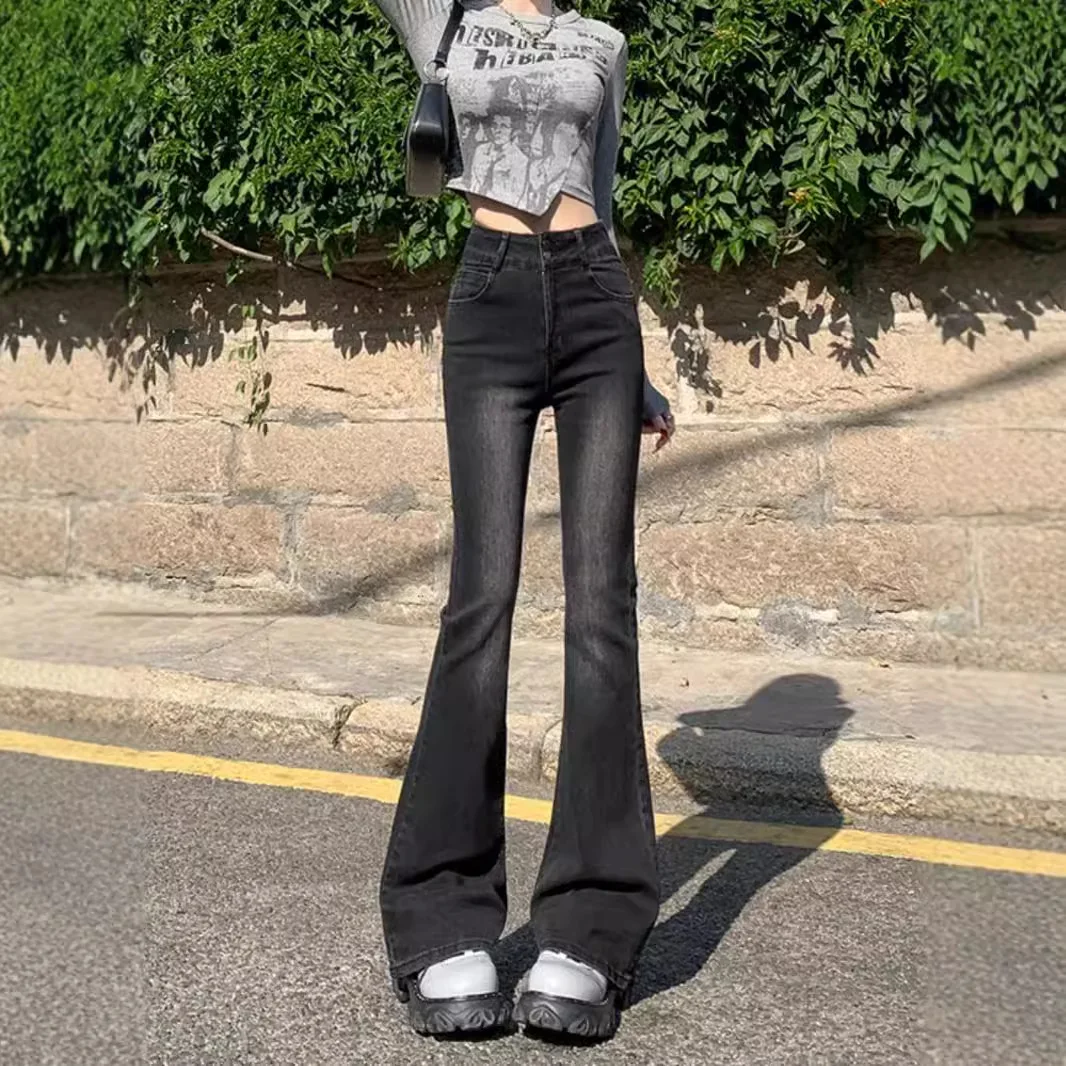 

2025 шикарные темно-серые расклешенные джинсы, женские облегающие брюки с высокой талией, черные, серые, винтажные, длиной до пола, с драпировкой