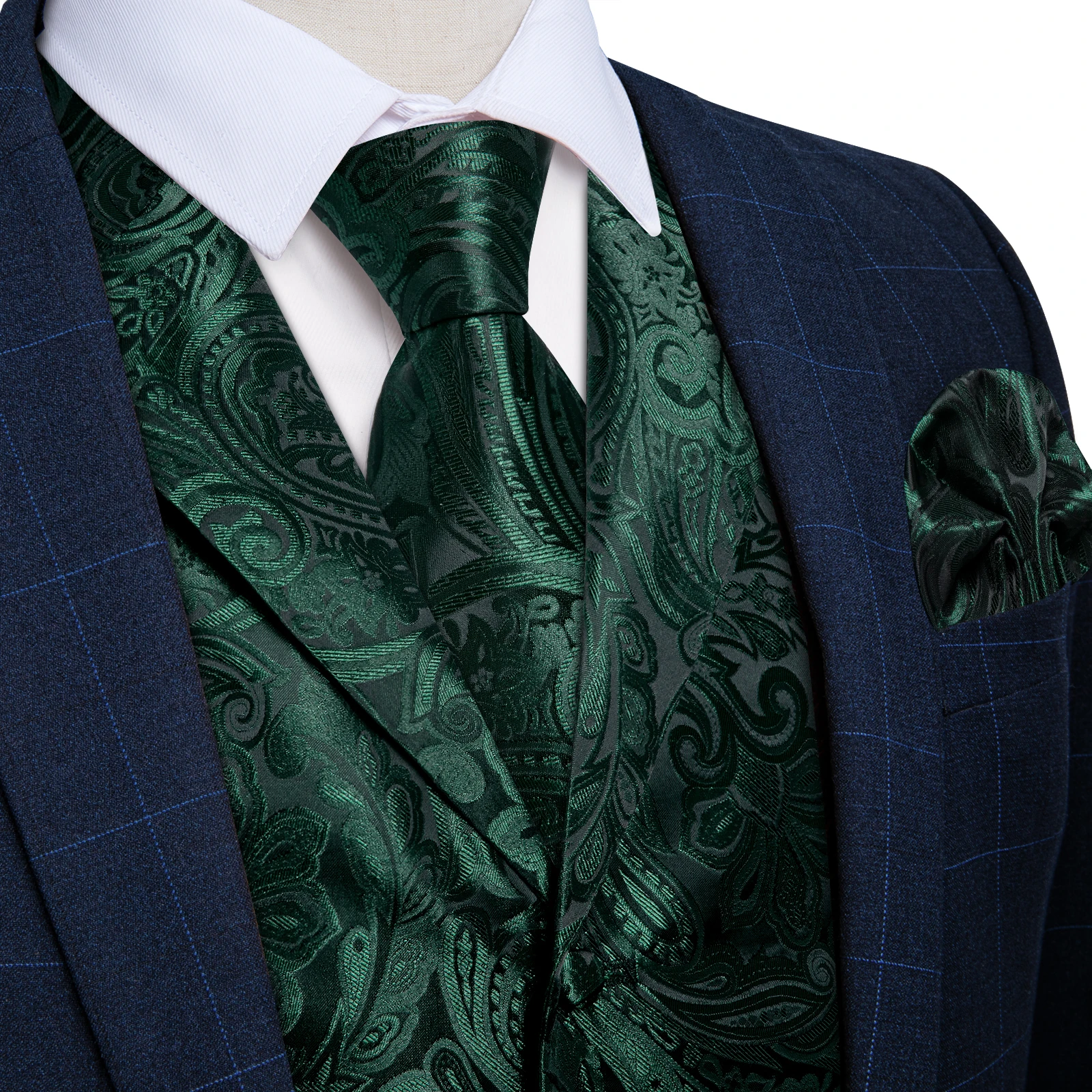 Dark Green Men Vest Turn-down Collar Business Tuxedo Dress Waistcoat Luxury Paisley Necktie Pocket Square Cufflinks for Wedding