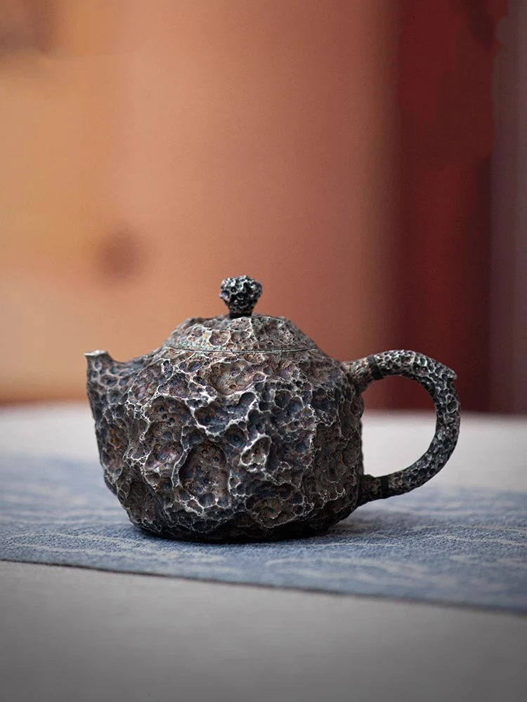 Pure Silver 99.9% Tea Pot Handmade One Stone Pattern Insulated Silver Pot Meteorite Pit Wormhole Pot