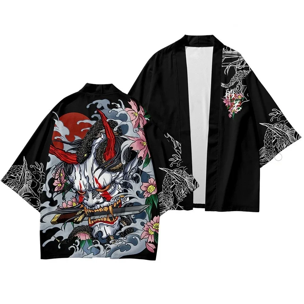 Harajuku Style Unisex Hannya Mask Snake Floral Haori Graphic Print Kimono Cardigan Japanese 1/2 Sleeve Yukata Coat Tops