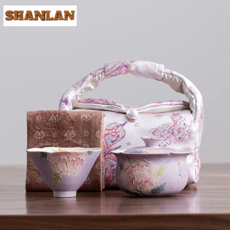 

Ручная роспись пион, дорожный чайный сервиз, креативный 1 горшок, 1 чашка, бытовой чайник, органайзер, портативная сумка-тоут для кемпинга, украшения