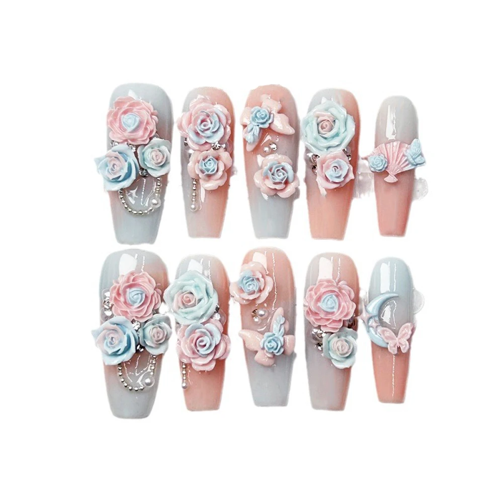 20Pcs 3D Carving Flower Butterfly Nail Art Charm Resin Two Color Pink Blue Flower Nail Ornament DIY Exquisite Nail Accessories