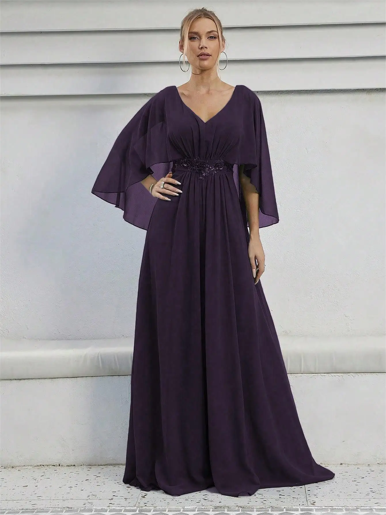 Mother of the Bride Dress - Elegant Cape Sleeve Chiffon Evening Gown - Embellished Waist V-Neck Formal Wedding Guest Maxi Dress
