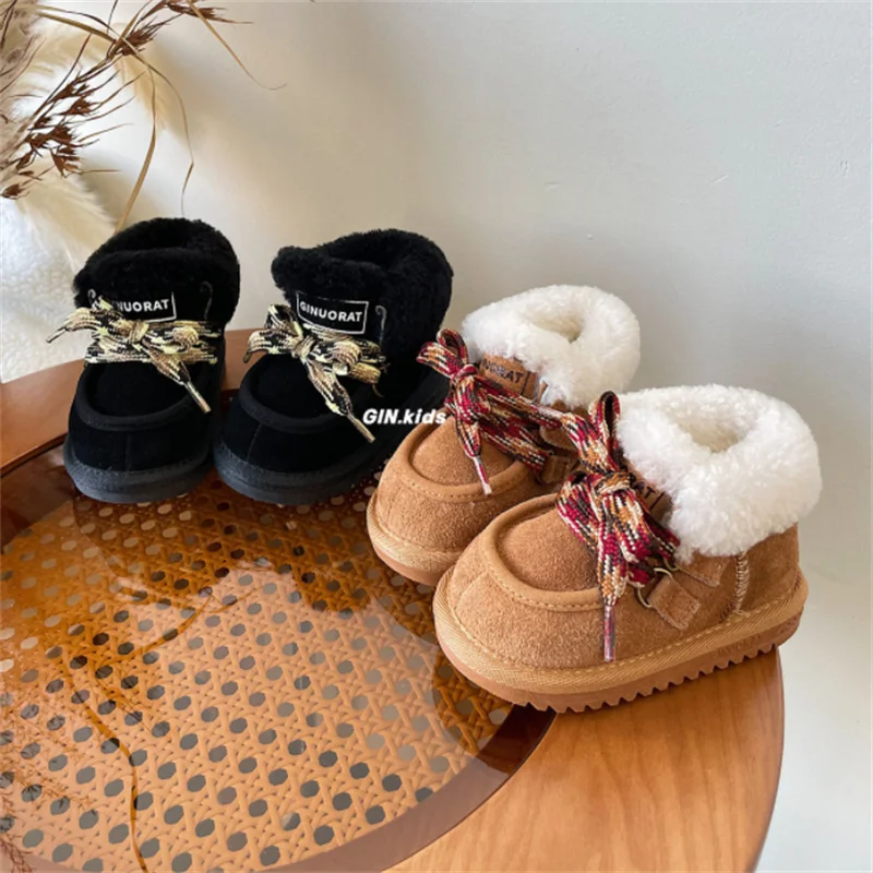 2023 neue Winter Baby Stiefel Leder warme Plüsch Mädchen Schuhe weiche Sohle Mode Kleinkind Kinder Schneeschuhe 16-25