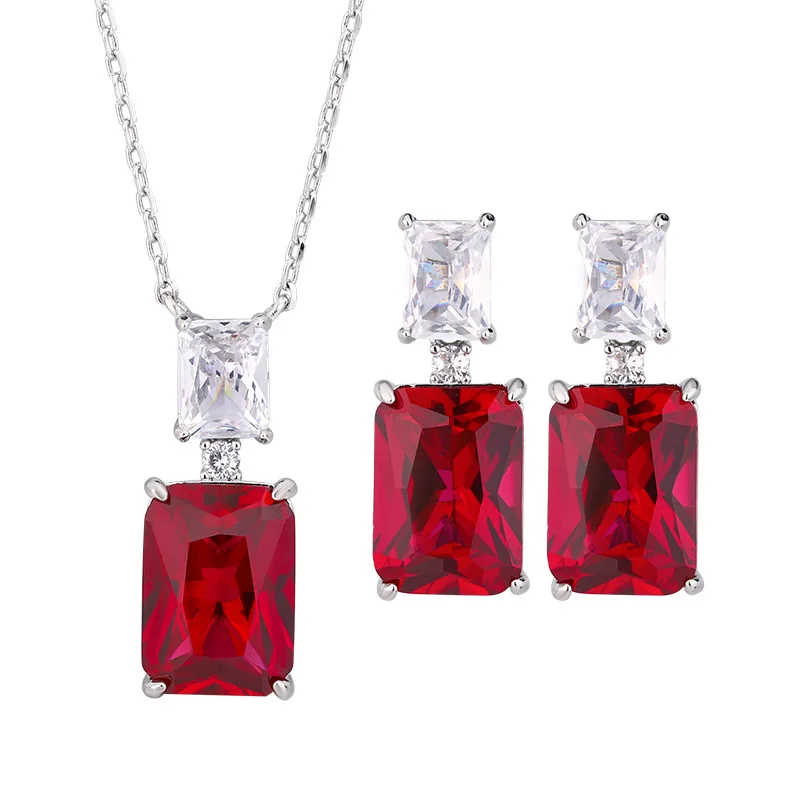 JitDoo Classic 10*14 Red Corundum Pendant Necklace and Earrings Set for Women Luxury High Jewelry Party Exquisite Gift Wholesale
