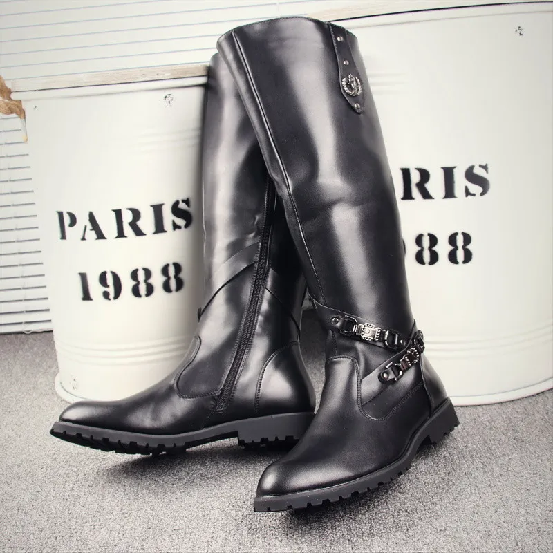 British Mens Black Knee High Boots Desiger Side Zip Long Motorcycle Shoes Antique Cosplay Stage Botas Casual Comfort Zapatos