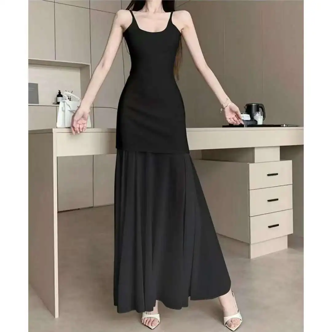 Abito lungo da donna in chiffon a rete elegante nero con cinturino per spaghetti in vita stretta vestibilità slim estate autunno vacanza abito femminile fluido