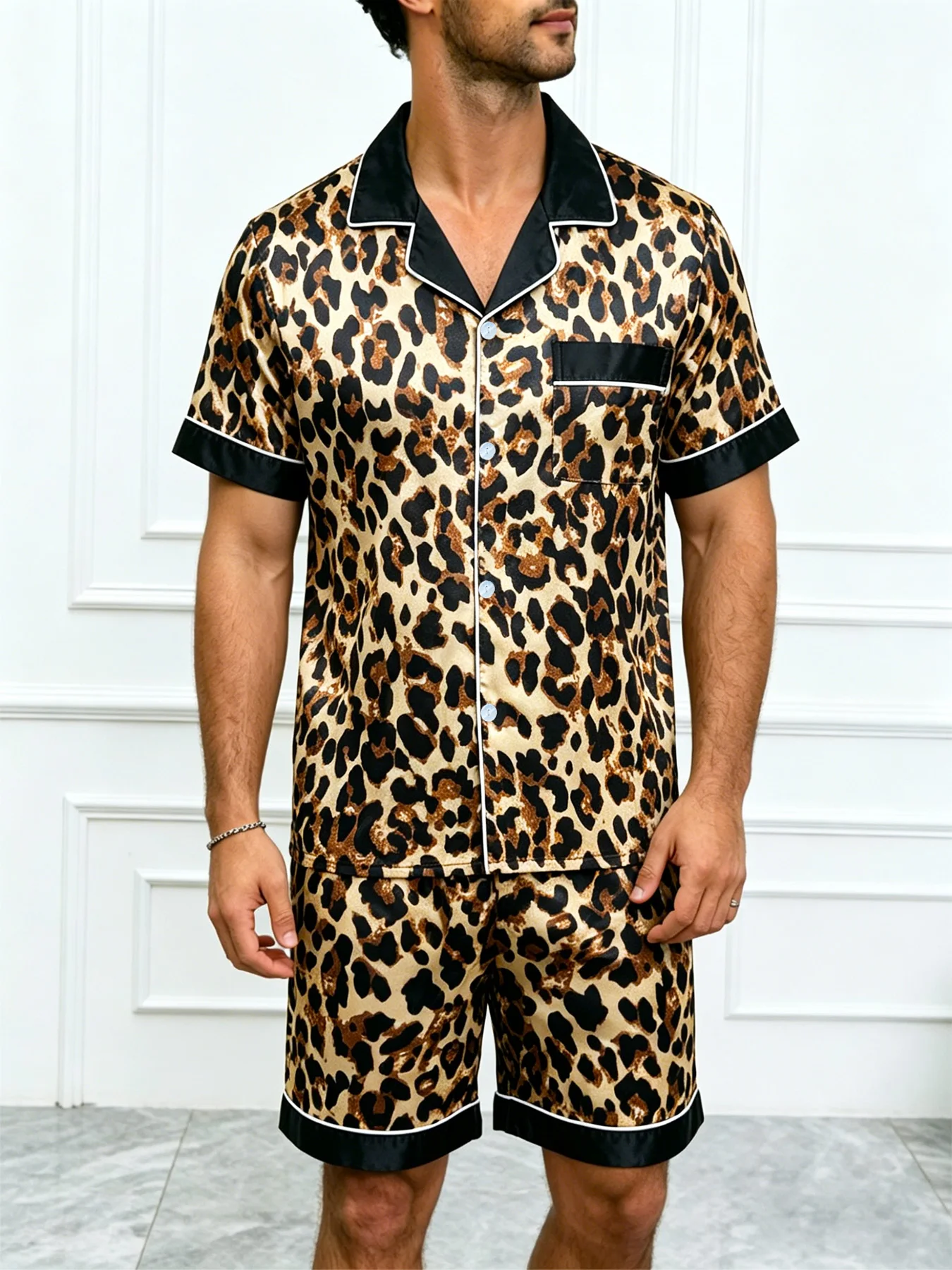 Men's Pj Satin Stripe Print Design Short Sleeve Pajama Set Soft Comfortable Sleepwear for Summer Lightweight Homewear Lougewear
