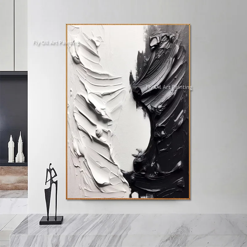 Handmade Fashional Design Home Wall Items Artwork New Original Black And White Knife Thick Oil Painting For Living Room Decor