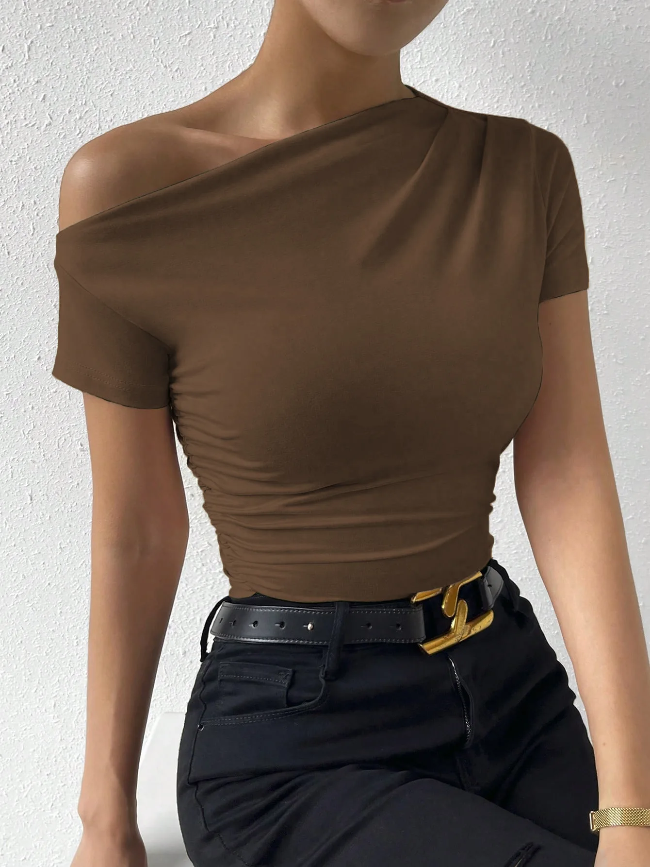 Women's clothing European American T-shirts spring summer new slim fit pleated irregular short sleeved T-shirt top t-shirts tops