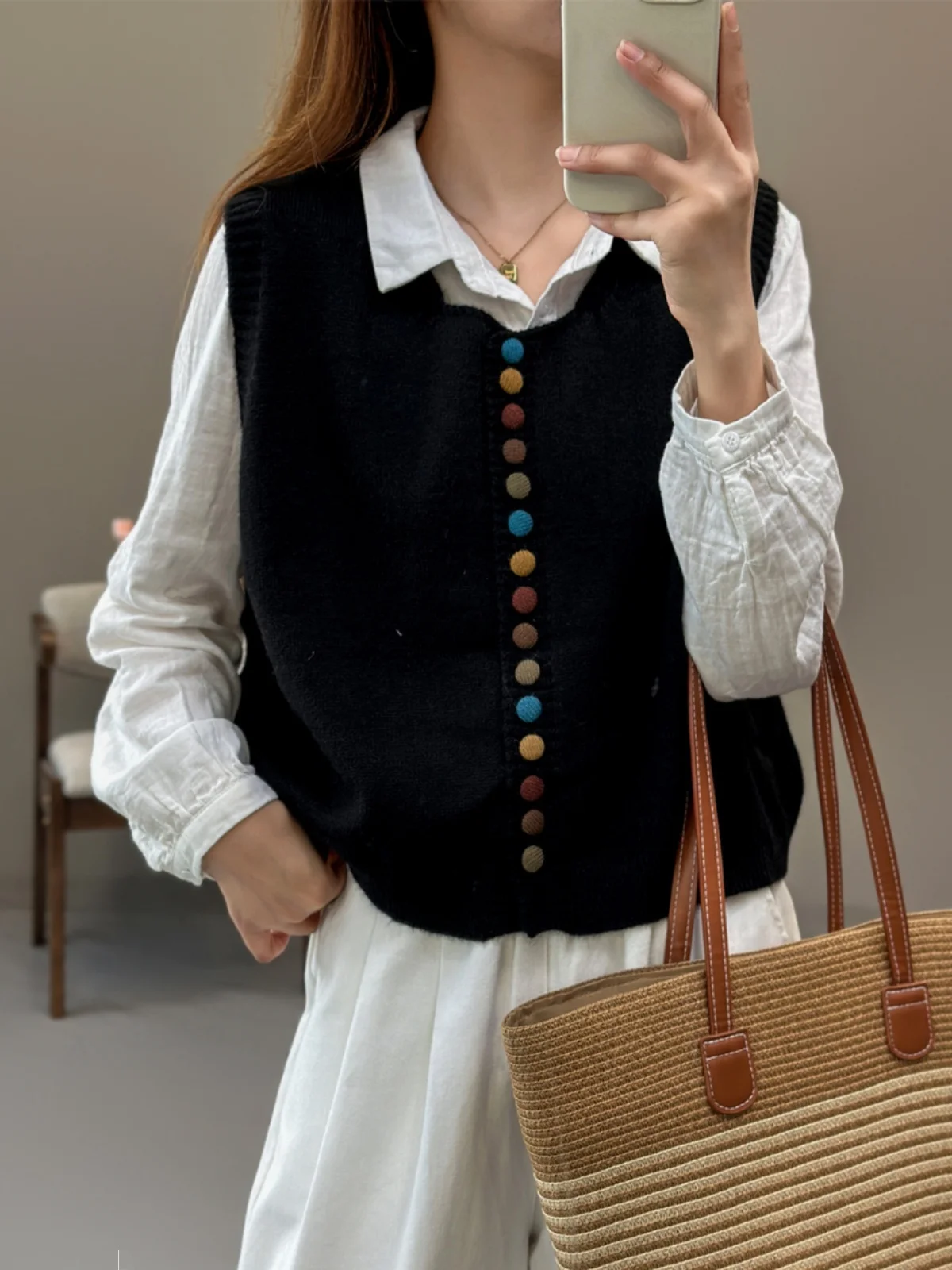 레트로 슬리 레인보우 버튼 니트 조끼 울 겨울 라운드 넥 다용도 레이어링 오픈 가디건 탑 여성용