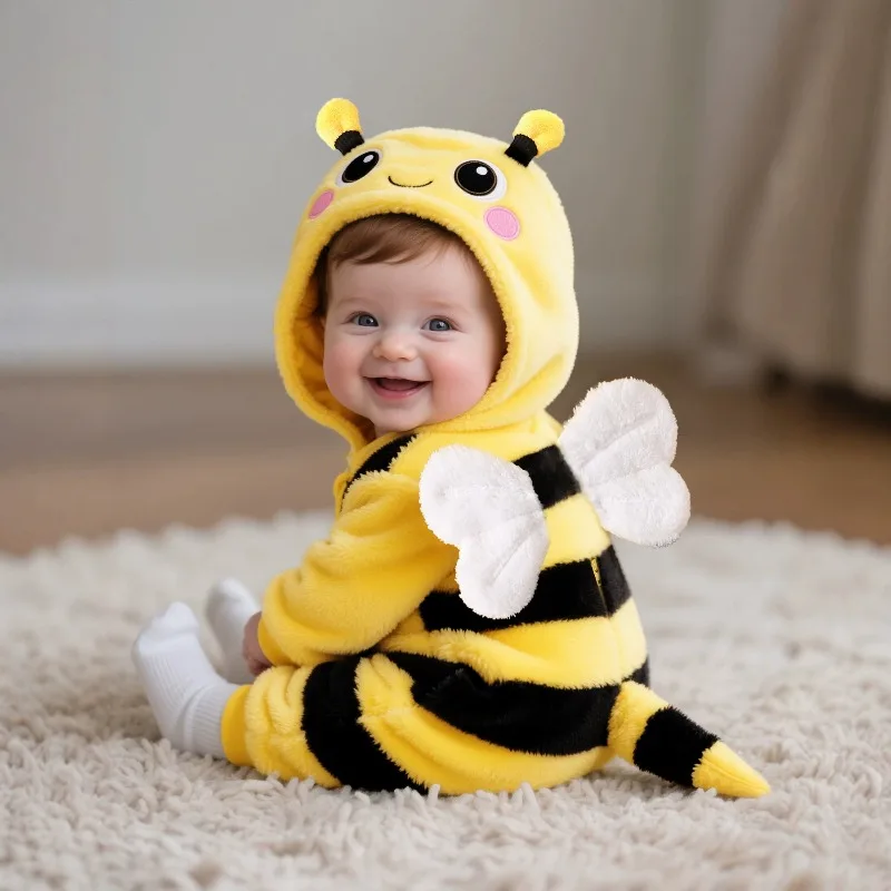 Baby Clothes Yellow Bee Baby Romper Hooded Striped Fleece Jumpsuit Infant Toddler HalloweenCosplay Costume Outfit Wings Newborn